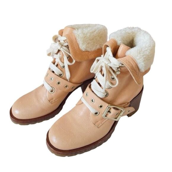 Frye Kay Leather & Shearling Lace-up Peach Pink Natural Ankle Boots Italy | 7.5 - Picture 1 of 12